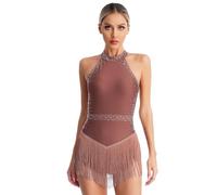 Womens Tassel Latin Leotard Shiny Rhinestones Halter Backless Fringe Bodysuit Ballroom Tango Salsa Dance Costume(Dusty Pink,M)