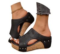 Women's Thick Sole Comfy Leather Wedge Non-slip Summer Sandals,Cork Wedges Platform Slides Peep Toe Hollow out Slippers (black, Adulte, 44, Numérique, Système Taille Chaussures EU, Moyen)