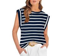 Womens Tops Casual Shirts Crewneck Cap Sleeve Tank Tops Basic Summer T Shirt Loose Fit(Blue Stripe,M)
