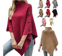 Women's Turtleneck Button Detail Poncho,Oversized Casual Asymmetrical Turtleneck Pullover Cape,High Neck Sweater Shawl Jumper (Rose Red)