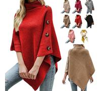 Women's Turtleneck Button Detail Poncho,Oversized Casual Asymmetrical Turtleneck Pullover Cape,High Neck Sweater Shawl Jumper (Red)