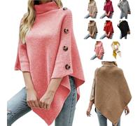 Women's Turtleneck Button Detail Poncho,Oversized Casual Asymmetrical Turtleneck Pullover Cape,High Neck Sweater Shawl Jumper (Pink)