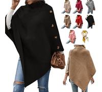 Women's Turtleneck Button Detail Poncho,Oversized Casual Asymmetrical Turtleneck Pullover Cape,High Neck Sweater Shawl Jumper (Black)
