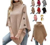 Women's Turtleneck Button Detail Poncho,Oversized Casual Asymmetrical Turtleneck Pullover Cape,High Neck Sweater Shawl Jumper (Apricot)