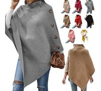 Women's Turtleneck Button Detail Poncho,Oversized Casual Asymmetrical Turtleneck Pullover Cape,High Neck Sweater Shawl Jumper (Gray)
