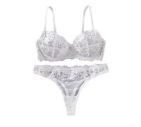 Women's Two Piece Floral Lace Sheer Lingerie Set Underwire Bra High Cut Brief Babydoll Sets White Medium(Large)
