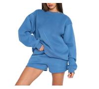 Womens Two Piece Lounge Set Crewneck Long Sleeve Sweatshirt And Shorts (Blue,XL)