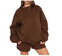 Womens Two Piece Lounge Set Crewneck Long Sleeve Sweatshirt And Shorts (Brown,S)