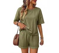 Womens Two Piece Lounge Set Loose Short Sleeve Top And Matching Shorts (Army Green,S)