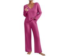 Womens Two Piece Lounge Set V Neck Long Sleeve Top Wide Leg Pants | Relaxed Silhouette Vertical Rib Texture Coordinated Outfit Easy Layering For Home Travel Weekend Errands And Daily Wear