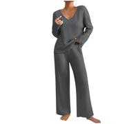 Womens Two Piece Lounge Set V Neck Long Sleeve Top Wide Leg Pants | Relaxed Silhouette Vertical Rib Texture Coordinated Outfit Easy Layering For Home Travel Weekend Errands And Daily Wear