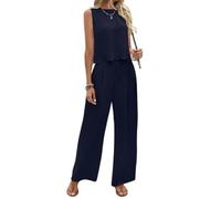Womens Two Piece Pants Set Sleeveless Tie Back Top Wide Leg Pants Outfit | Textured Sleeveless Top Double Tie Back Scalloped Edge Wide Leg Pants Pleated Front Side Pockets Relaxed Matching Separates