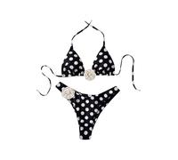 Women's Two Piece Polka Dots Bikini Set Crochet Flower Triangle Top High Cut Thong Swimsuit, Black and White, XS