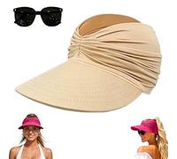 Women's UPF 50+ UV Protection Sun Visor Hat, Wide Brim Summer Beach Sun Hats,Lightweight Packable Golf Ponytail Baseball Cap (Beige)