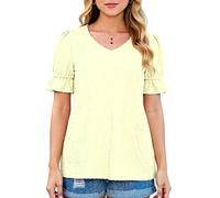 Women's V Neck Chiffon Blouse Short Sleeve Puff Sleeve Ruffle Top Casual Loose Fit Summer Shirt Textured Dot Pattern Mint Green Tunic for Ladies