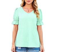 Women's V Neck Chiffon Blouse Short Sleeve Puff Sleeve Ruffle Top Casual Loose Fit Summer Shirt Textured Dot Pattern Mint Green Tunic for Ladies