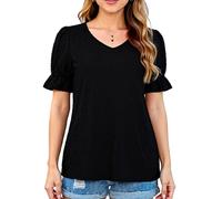 Women's V Neck Chiffon Blouse Short Sleeve Puff Sleeve Ruffle Top Casual Loose Fit Summer Shirt Textured Dot Pattern Mint Green Tunic for Ladies