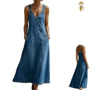 Women's V Neck Denim Maxi Dress,Adjustable Strap Sleeveless Casual Jean Dress with Pockets,Button Down Long Faux Jean Dresses (FR/ES, Alpha/Lettres, S, Taille Normale, Taille Normale, Dark Blue)