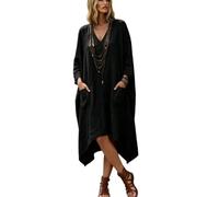 Womens V Neck Dress Three Quarter Sleeve Irregular Hem with Pockets (Black,Grand)