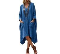 Womens V Neck Dress Three Quarter Sleeve Irregular Hem with Pockets (Blue,Grand)