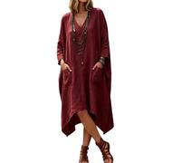 Womens V Neck Dress Three Quarter Sleeve Irregular Hem with Pockets (Burgundy,Grand)