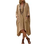 Womens V Neck Dress Three Quarter Sleeve Irregular Hem with Pockets (Khaki,Grand)