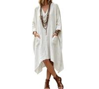 Womens V Neck Dress Three Quarter Sleeve Irregular Hem with Pockets (White,Grand)