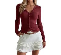 Womens V Neck Lace Trim Long Sleeve Ribbed Button Front Fitted Top (Burgundy,M)