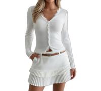 Womens V Neck Lace Trim Long Sleeve Ribbed Button Front Fitted Top (White,TTG)