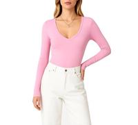 Women's V Neck Long Sleeve T Shirt Slim Fit Basic Tee Solid Color Stretchy Casual Top for Layering Spring Fall Fashion Daily Wear