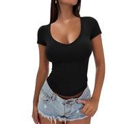 Women's V Neck T Shirt Slim Fit Short Sleeve Tops Summer Fashion Casual Basic Tee Stretchy Soft Solid Color Undershirt for Daily Wear Going Out