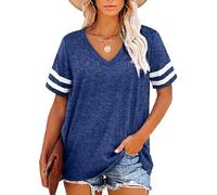 Women's V Neck T Shirts Short Sleeve Striped Sleeve Casual Loose Fit Summer Tops Basic Tee Shirts for Women Green Athletic Style Soft Fabric