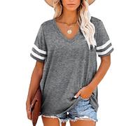 Women's V Neck T Shirts Short Sleeve Striped Sleeve Casual Loose Fit Summer Tops Basic Tee Shirts for Women Green Athletic Style Soft Fabric