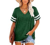 Women's V Neck T Shirts Short Sleeve Striped Sleeve Casual Loose Fit Summer Tops Basic Tee Shirts for Women Green Athletic Style Soft Fabric