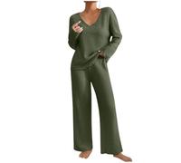 Womens V Neck Two Piece Matching Set Long Sleeve Top Wide Leg Pants | Open Neckline Vertical Rib Texture Relaxed Silhouette Coordinated Outfit Easy Layering For Travel Errands And Casual Outings