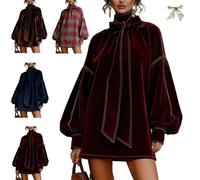 Women's Velvet Bow Mini Dress,Vintage Velvet Long Lantern Sleeve Mini Dresses,Mock Neck Solid Color Short Babydoll Dress (FR/ES, Alpha/Lettres, 3TG, Taille Normale, Taille Normale, Red)