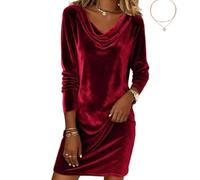 Women's Velvet Dresses Cowl Neck Elegant Long Sleeve Long Sleeve Party Cocktail Holiday Christmas Mini Dresses (Red,Grand)