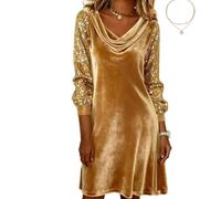 Women's Velvet Dresses Cowl Neck Elegant Long Sleeve Long Sleeve Party Cocktail Holiday Christmas Mini Dresses (Gold-B Style,TG)