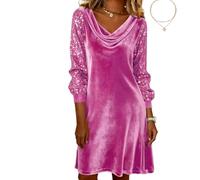 Women's Velvet Dresses Cowl Neck Elegant Long Sleeve Long Sleeve Party Cocktail Holiday Christmas Mini Dresses (Pink,TG)