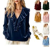 Women's Velvet Ruffle V-Neck Long Sleeve Blouse,Elegant Soft Loose Fit Shirts,Casual Dressy Fall Pullover Outfits