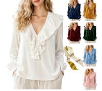 Women's Velvet Ruffle V-Neck Long Sleeve Blouse,Elegant Soft Loose Fit Shirts,Casual Dressy Fall Pullover Outfits