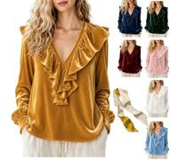Women's Velvet Ruffle V-Neck Long Sleeve Blouse,Elegant Soft Loose Fit Shirts,Casual Dressy Fall Pullover Outfits