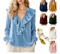Women's Velvet Ruffle V-Neck Long Sleeve Blouse,Elegant Soft Loose Fit Shirts,Casual Dressy Fall Pullover Outfits