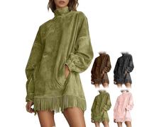 Women's Velvet Tassel Mini Dress High-Neck Cozy Suede Velvet Vintage Fringe Long-Sleeve Dress with Pocket Loose Fit (Olive Green,3TG)