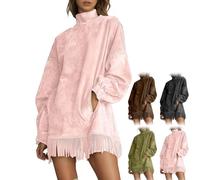 Women's Velvet Tassel Mini Dress High-Neck Cozy Suede Velvet Vintage Fringe Long-Sleeve Dress with Pocket Loose Fit (Pink,M)