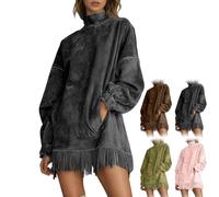 Women's Velvet Tassel Mini Dress High-Neck Cozy Suede Velvet Vintage Fringe Long-Sleeve Dress with Pocket Loose Fit (Black,S)