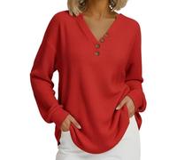 Womens Waffle Knit V Neck Button Long Sleeve Sweatshirt (Red,3TG)