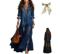 Women's Washed Faux-Denim Patchwork Maxi Dress,Retro Flowy Lapel Denim Spliced Tiered Long Skirt Dress with Sheer Mesh Hem (FR/ES, Alpha/Lettres, M, Taille Normale, Taille Normale, Dark Blue)