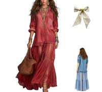 Women's Washed Faux-Denim Patchwork Maxi Dress,Retro Flowy Lapel Denim Spliced Tiered Long Skirt Dress with Sheer Mesh Hem (FR/ES, Alpha/Lettres, 3TG, Taille Normale, Taille Normale, Red)