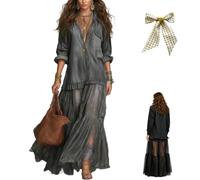 Women's Washed Faux-Denim Patchwork Maxi Dress,Retro Flowy Lapel Denim Spliced Tiered Long Skirt Dress with Sheer Mesh Hem (FR/ES, Alpha/Lettres, TTG, Taille Normale, Taille Normale, Dark Grey)